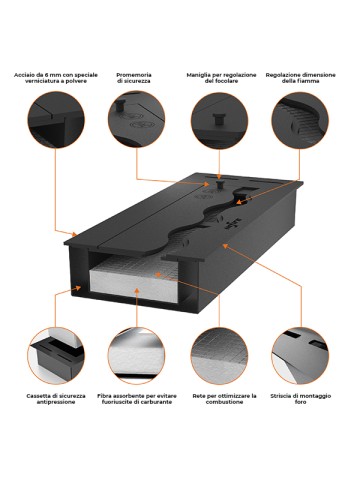 SLIMLINE - Bruciatore a bioetanolo da incasso o da appoggio nero 500mm