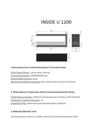 scheda tecnica Biocamino Trifacciale INSIDE U1200.2 a Bioetanolo Da Incasso